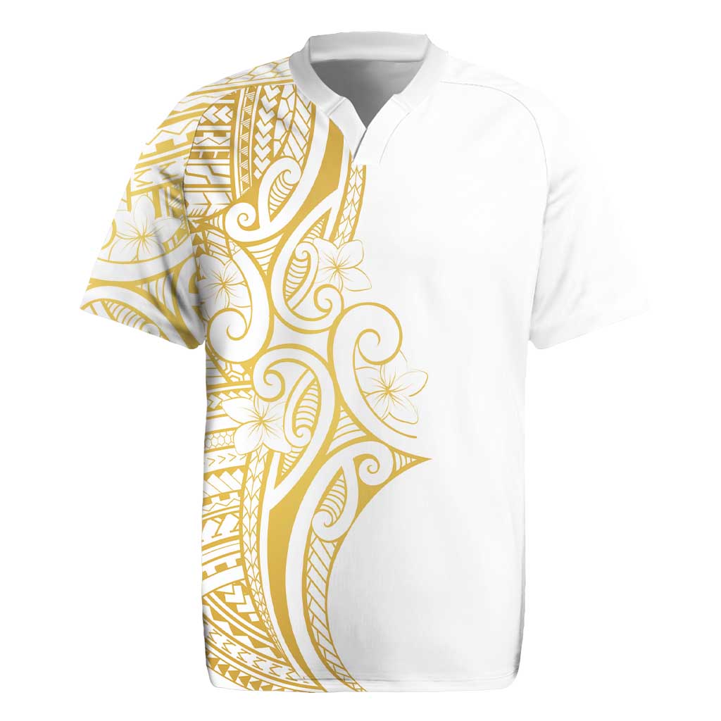 Polynesia White Sunday Rugby Jersey Plumeria Polynesian Tribal Gold Color LT14 White - Polynesian Pride