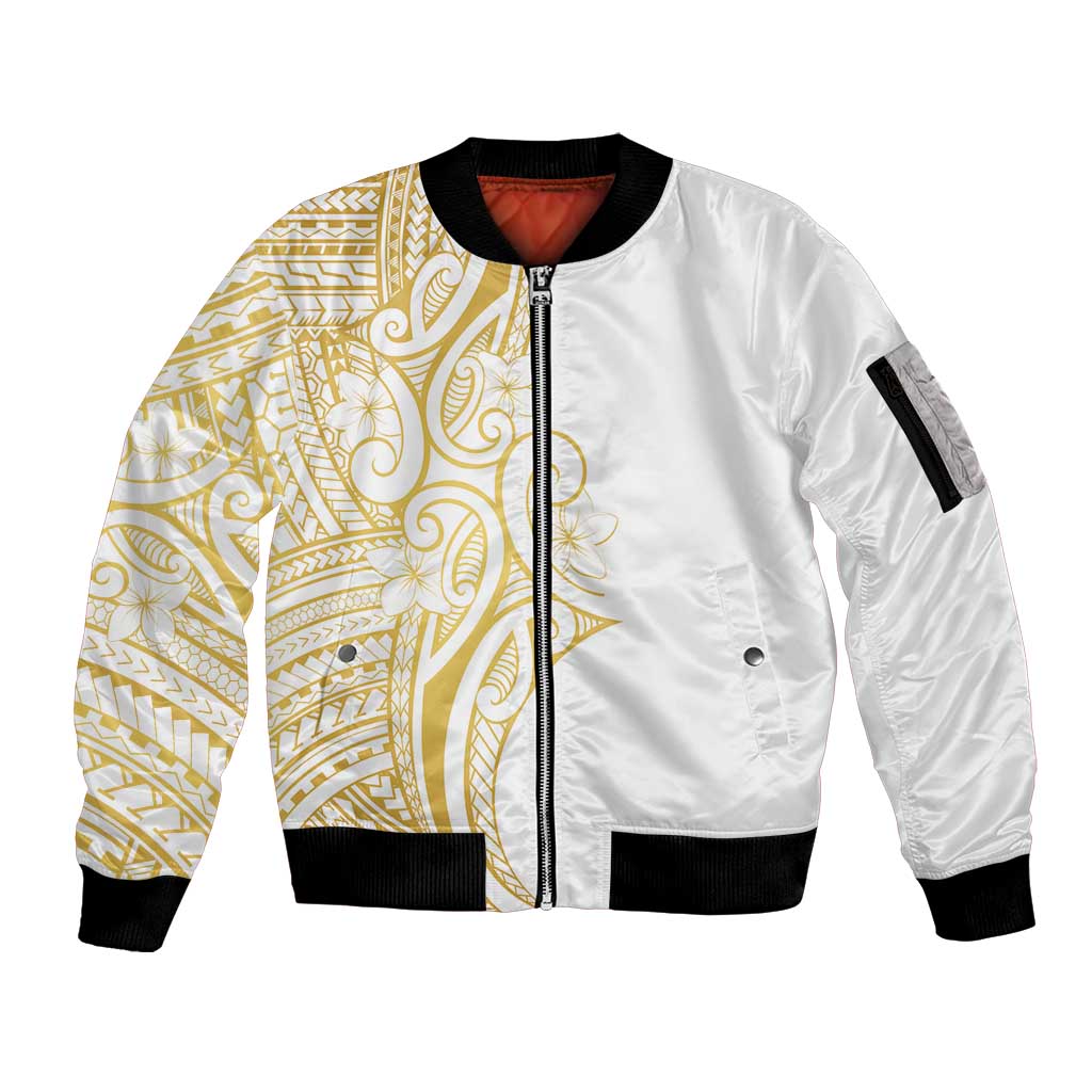 Polynesia White Sunday Sleeve Zip Bomber Jacket Plumeria Polynesian Tribal Gold Color LT14 Unisex White - Polynesian Pride