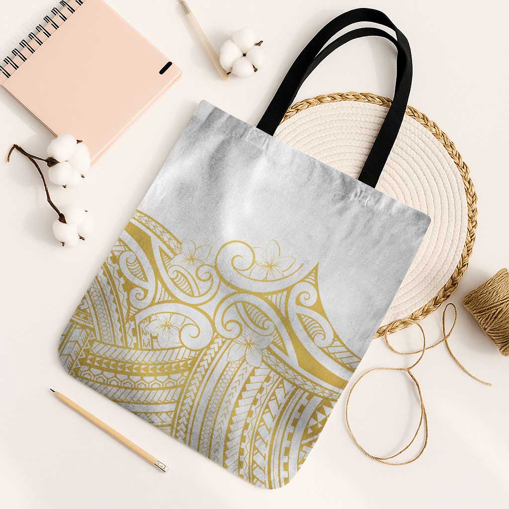 Polynesia White Sunday Tote Bag Plumeria Polynesian Tribal Gold Color LT14 Black Strap One Size White - Polynesian Pride