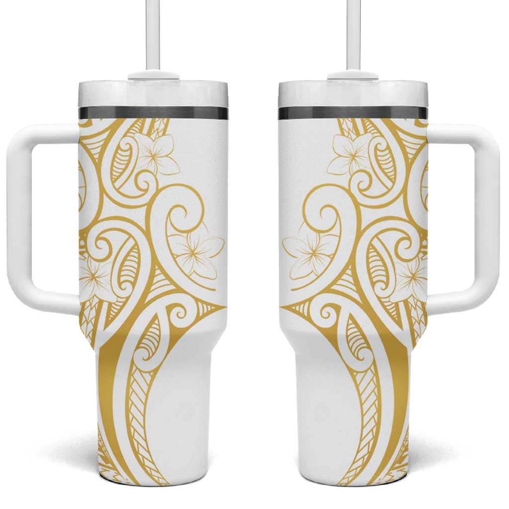 Polynesia White Sunday Tumbler With Handle Plumeria Polynesian Tribal Gold Color LT14 One Size: 40 oz White - Polynesian Pride