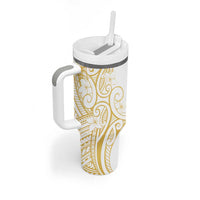 Polynesia White Sunday Tumbler With Handle Plumeria Polynesian Tribal Gold Color LT14 - Polynesian Pride