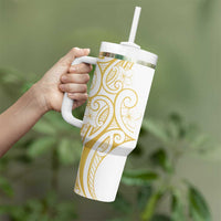 Polynesia White Sunday Tumbler With Handle Plumeria Polynesian Tribal Gold Color LT14 - Polynesian Pride