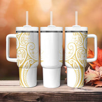 Polynesia White Sunday Tumbler With Handle Plumeria Polynesian Tribal Gold Color LT14 - Polynesian Pride