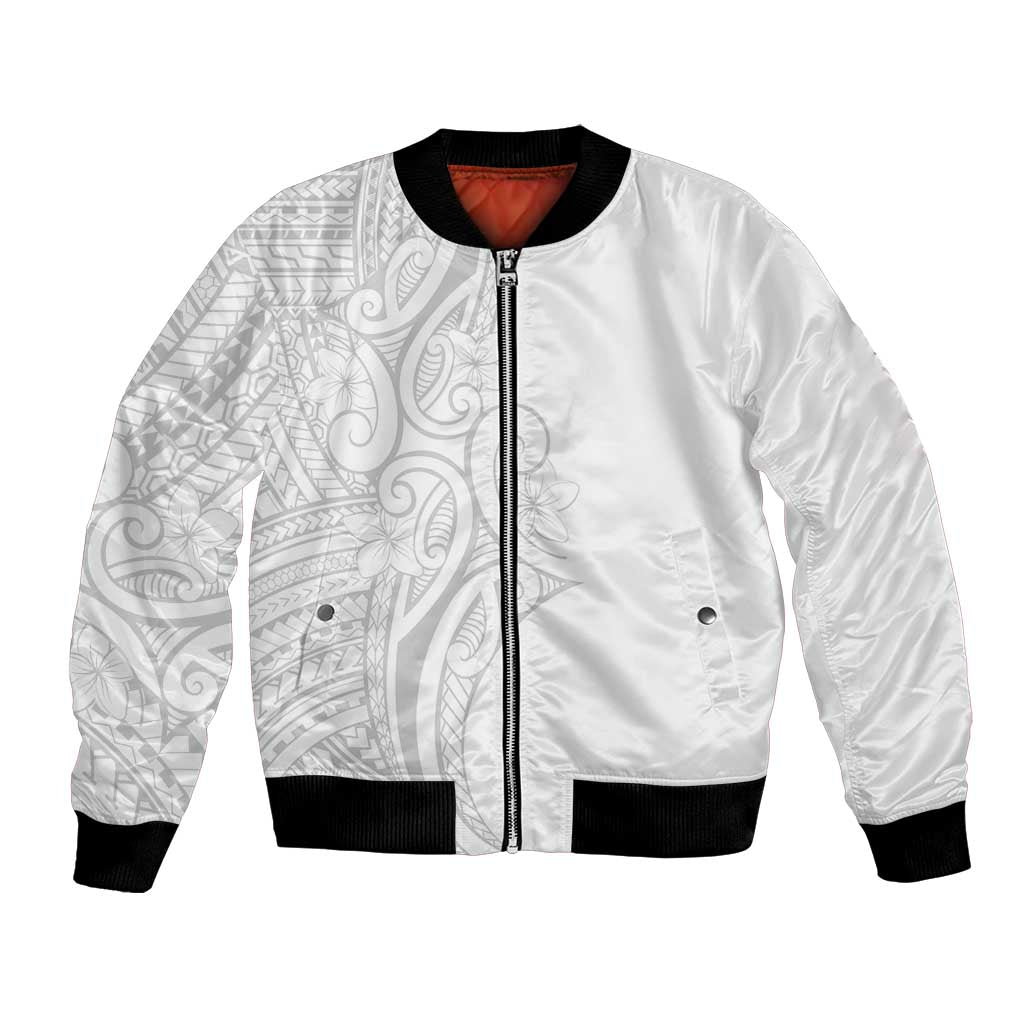 Polynesia White Sunday Bomber Jacket Plumeria Polynesian Tribal Grey Color LT14 Unisex White - Polynesian Pride