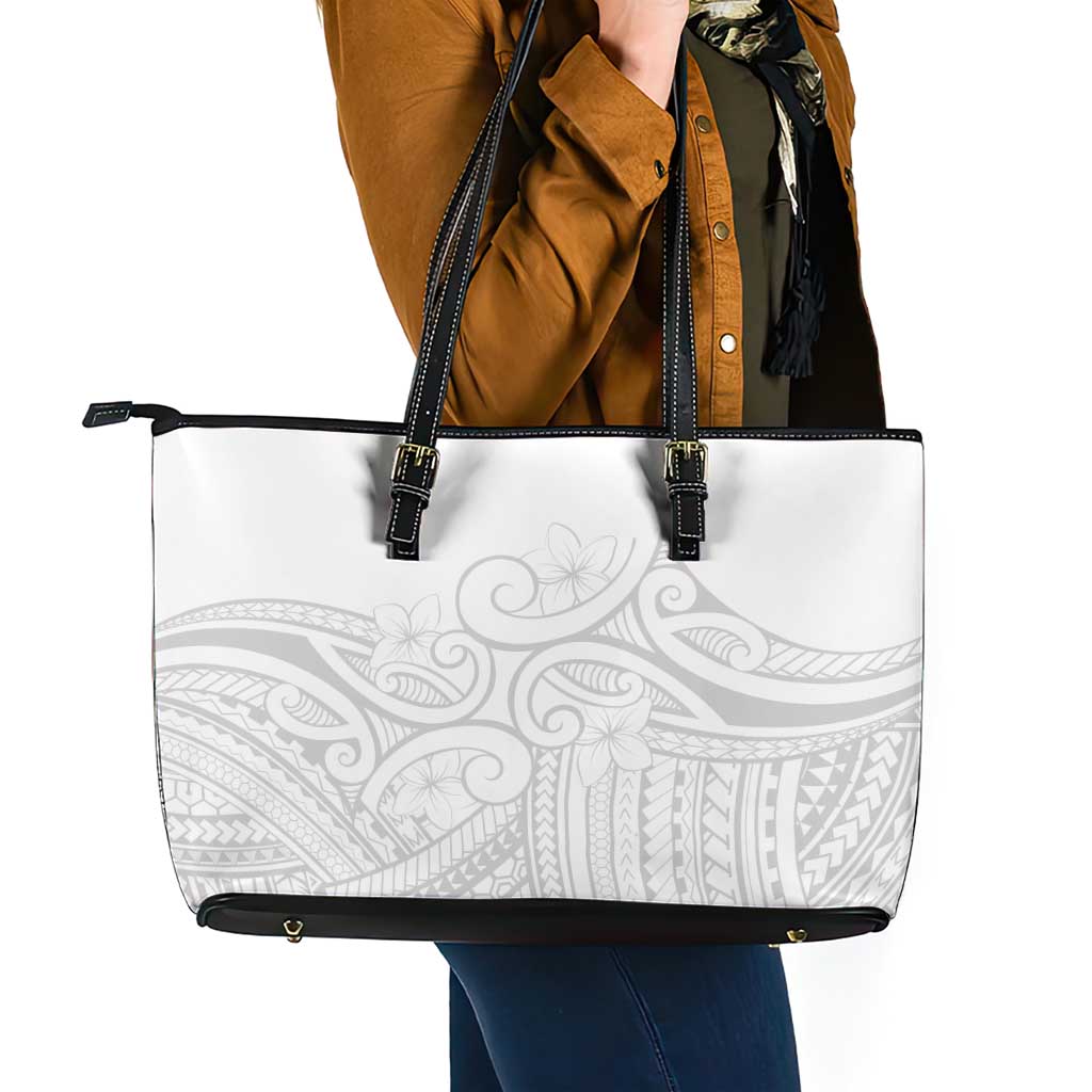 Polynesia White Sunday Leather Tote Bag Plumeria Polynesian Tribal Grey Color LT14 - Polynesian Pride