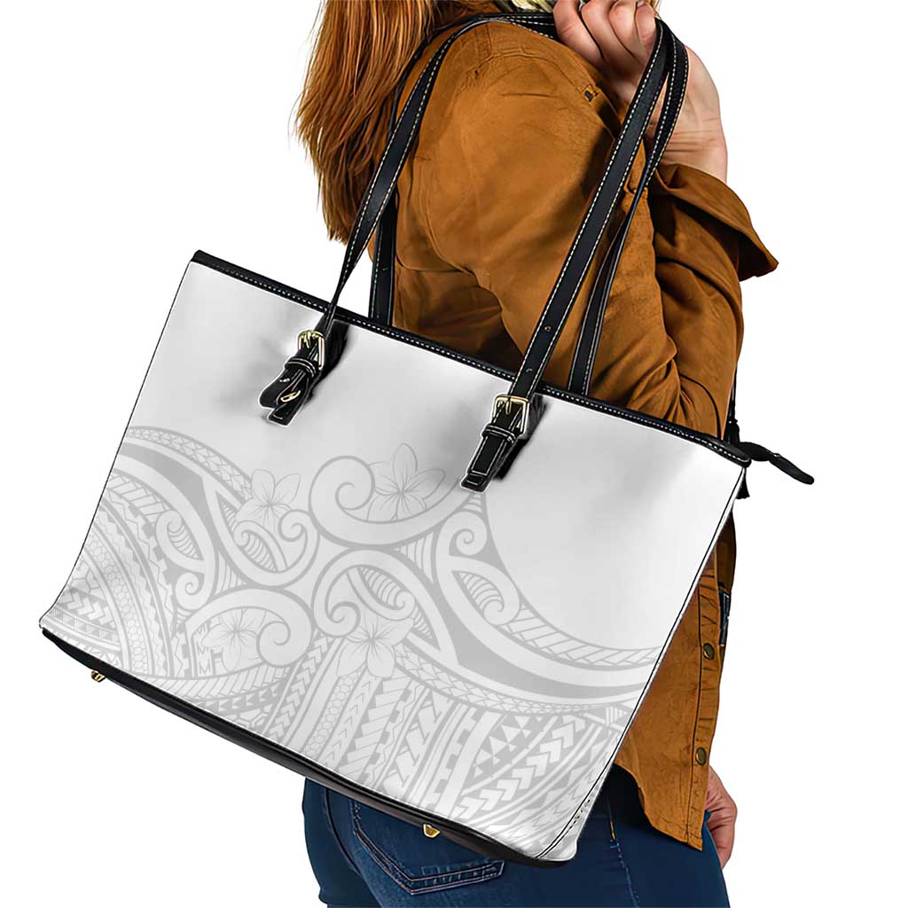 Polynesia White Sunday Leather Tote Bag Plumeria Polynesian Tribal Grey Color LT14 - Polynesian Pride