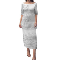 Polynesia White Sunday Puletasi Plumeria Polynesian Tribal Grey Color LT14 Long Dress White - Polynesian Pride