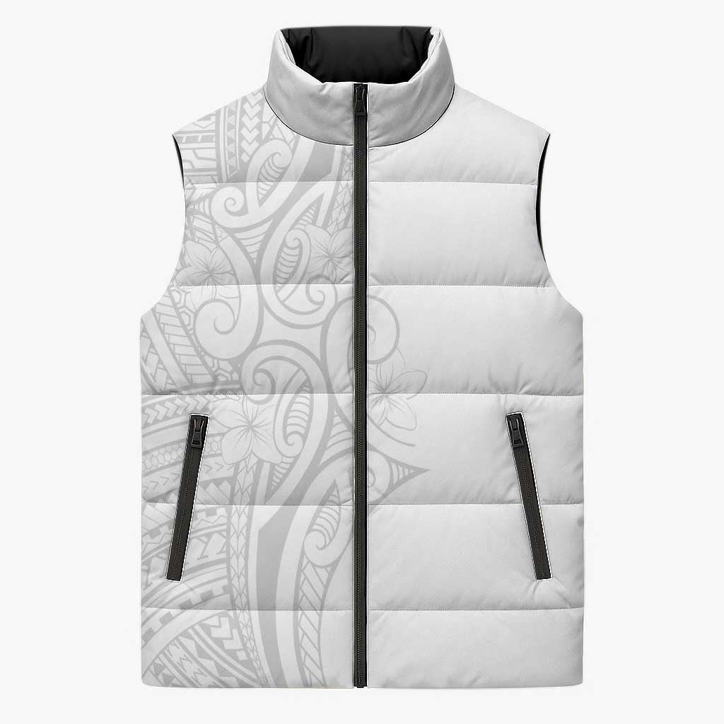 Polynesia White Sunday Sleeveless Puffer Jacket Plumeria Polynesian Tribal Grey Color LT14 Unisex White - Polynesian Pride