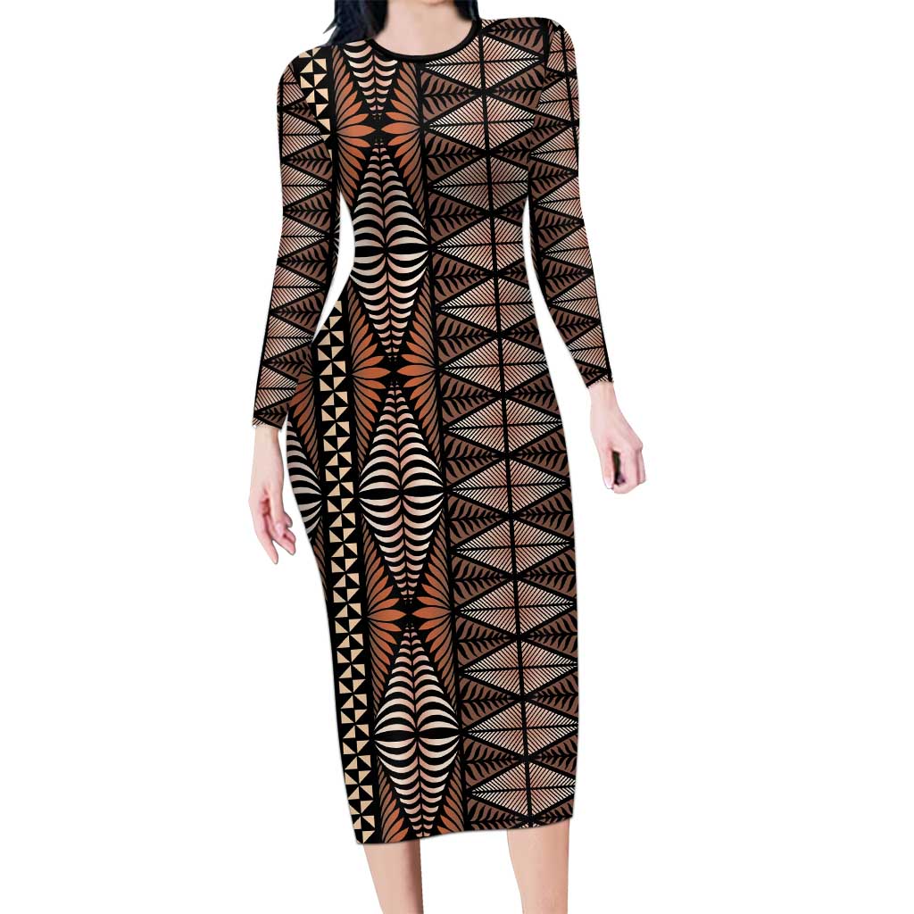 Malo e lelei Tonga Long Sleeve Bodycon Dress Tongan Ngatu Vintage Brown LT14 Long Dress Brown - Polynesian Pride