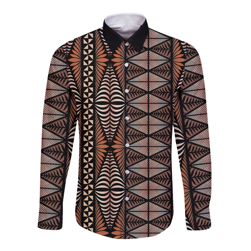Malo e lelei Tonga Long Sleeve Button Shirt Tongan Ngatu Vintage Brown LT14 Unisex Brown - Polynesian Pride