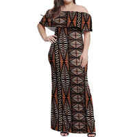 Malo e lelei Tonga Off Shoulder Maxi Dress Tongan Ngatu Vintage Brown LT14 Women Brown - Polynesian Pride