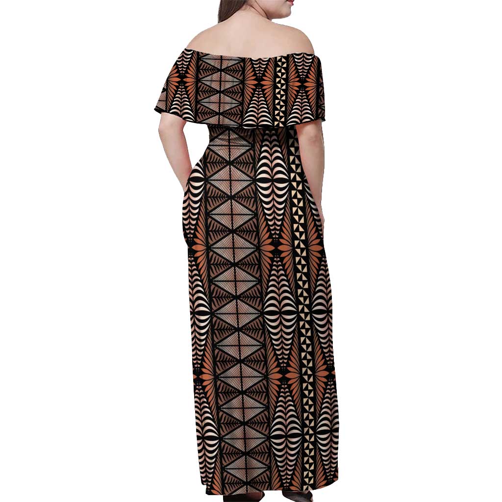 Malo e lelei Tonga Off Shoulder Maxi Dress Tongan Ngatu Vintage Brown LT14 - Polynesian Pride