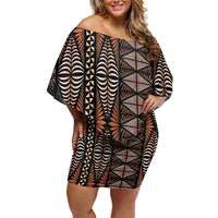 Malo e lelei Tonga Off Shoulder Short Dress Tongan Ngatu Vintage Brown LT14 Women Brown - Polynesian Pride