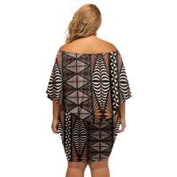 Malo e lelei Tonga Off Shoulder Short Dress Tongan Ngatu Vintage Brown LT14 - Polynesian Pride