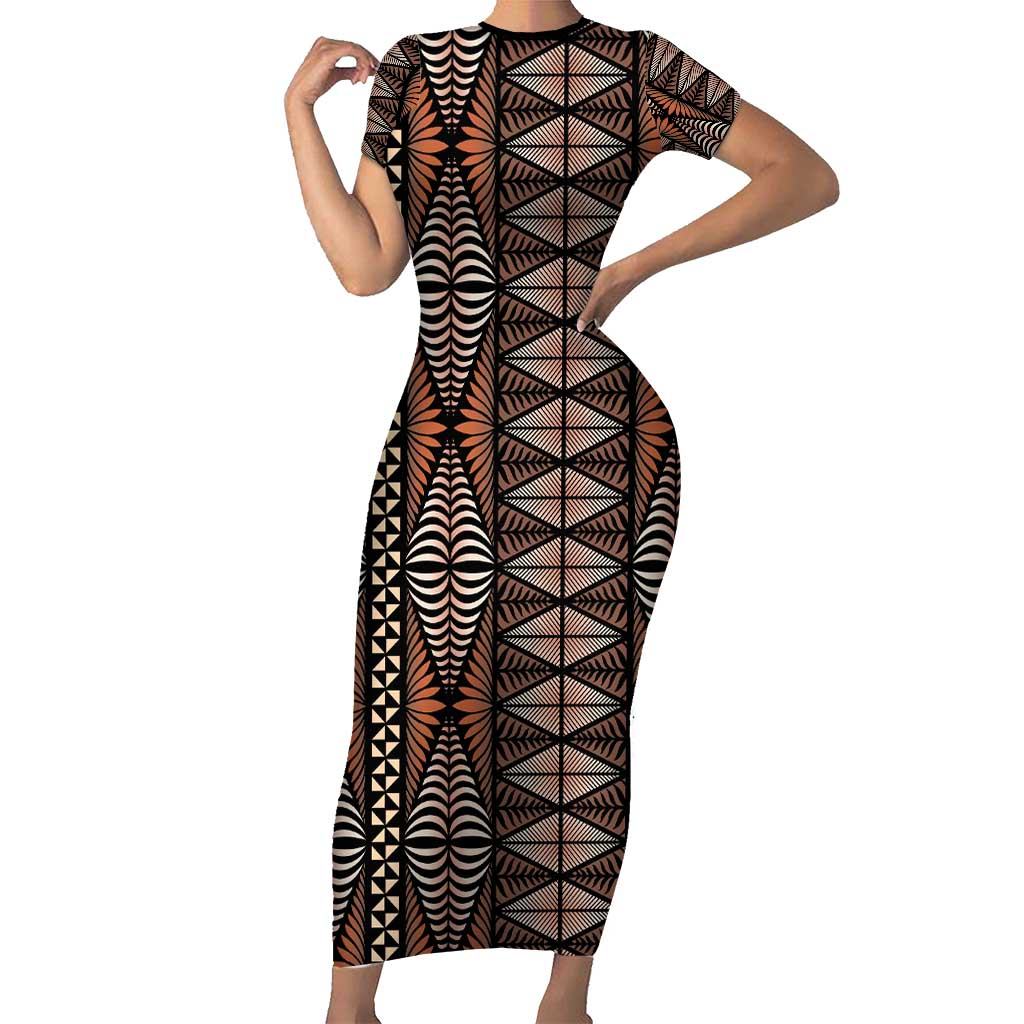 Malo e lelei Tonga Short Sleeve Bodycon Dress Tongan Ngatu Vintage Brown LT14 Long Dress Brown - Polynesian Pride