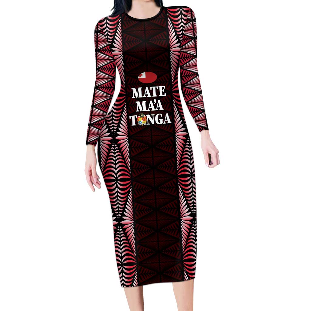 Tonga Rugby Personalised Long Sleeve Bodycon Dress 2025 Mate Maa Tonga Ngatu Motif LT14 Long Dress Red - Polynesian Pride