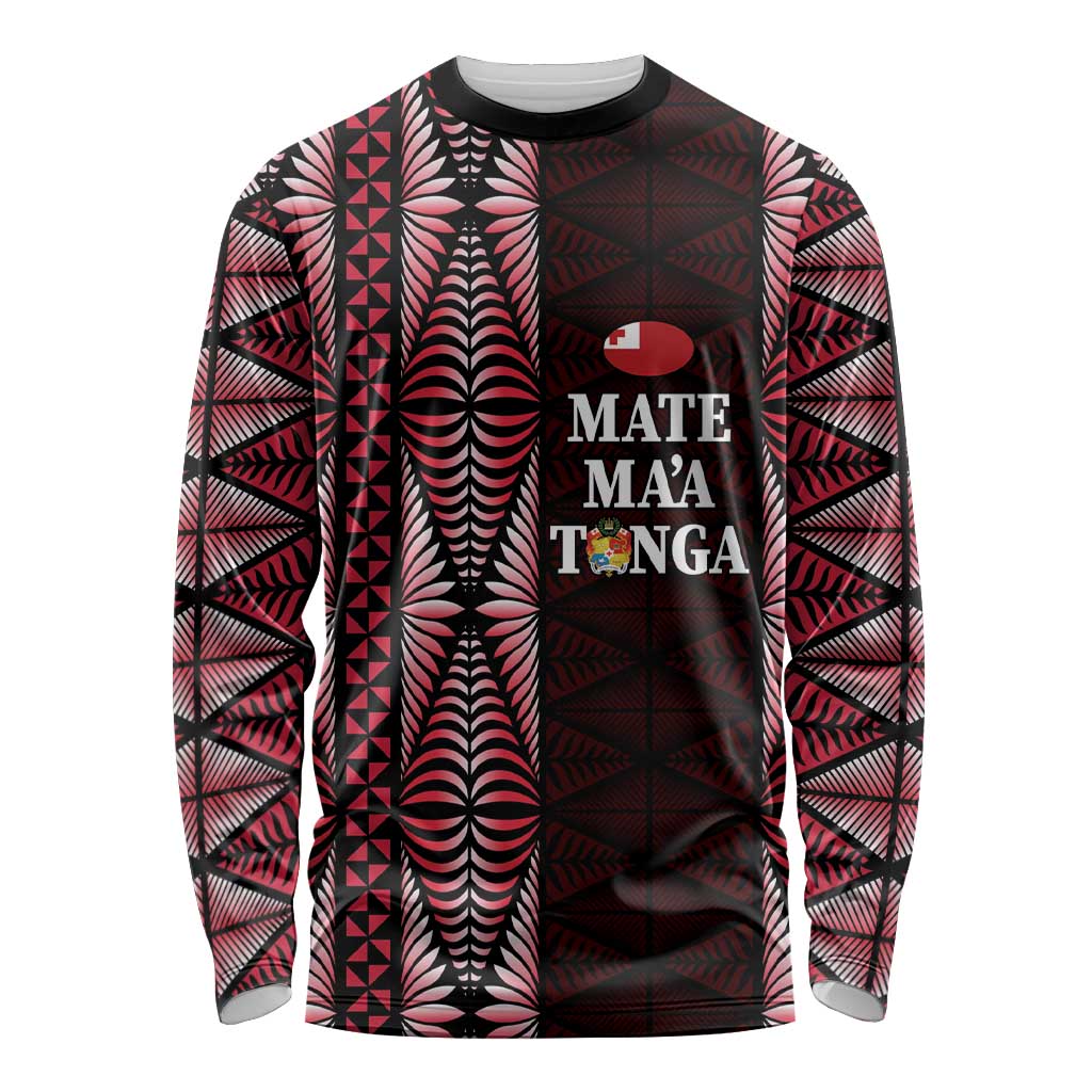 Tonga Rugby Personalised Long Sleeve Shirt 2025 Mate Maa Tonga Ngatu Motif LT14 Unisex Red - Polynesian Pride