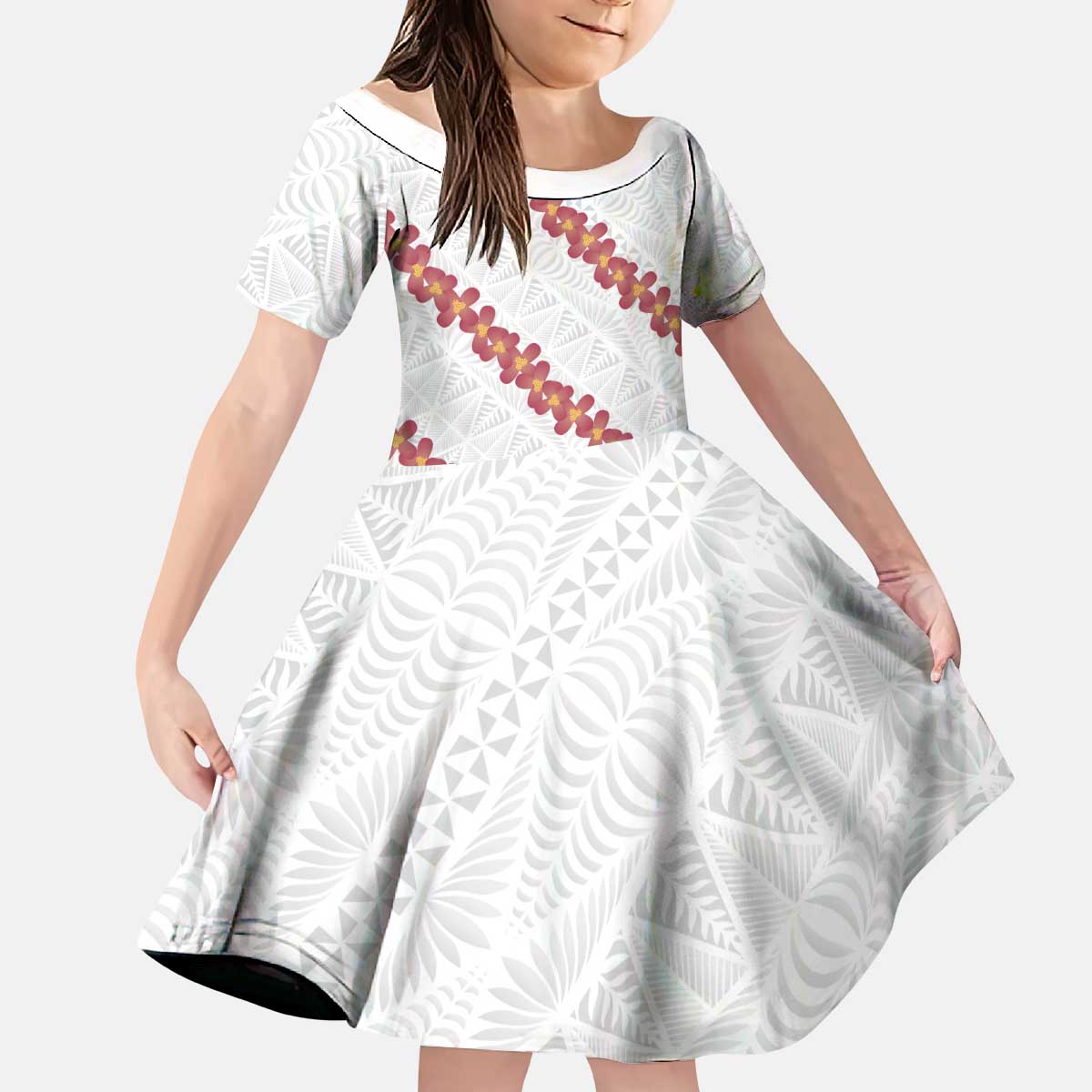 White Sunday Tonga Fakame Kid Short Sleeve Dress Tongan Ngatu Heilala Lei LT14 KID White - Polynesian Pride