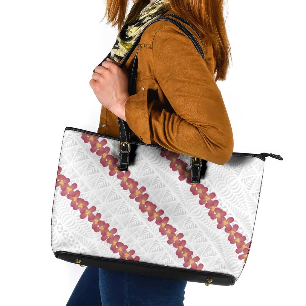 White Sunday Tonga Fakame Leather Tote Bag Tongan Ngatu Heilala Lei LT14 White - Polynesian Pride