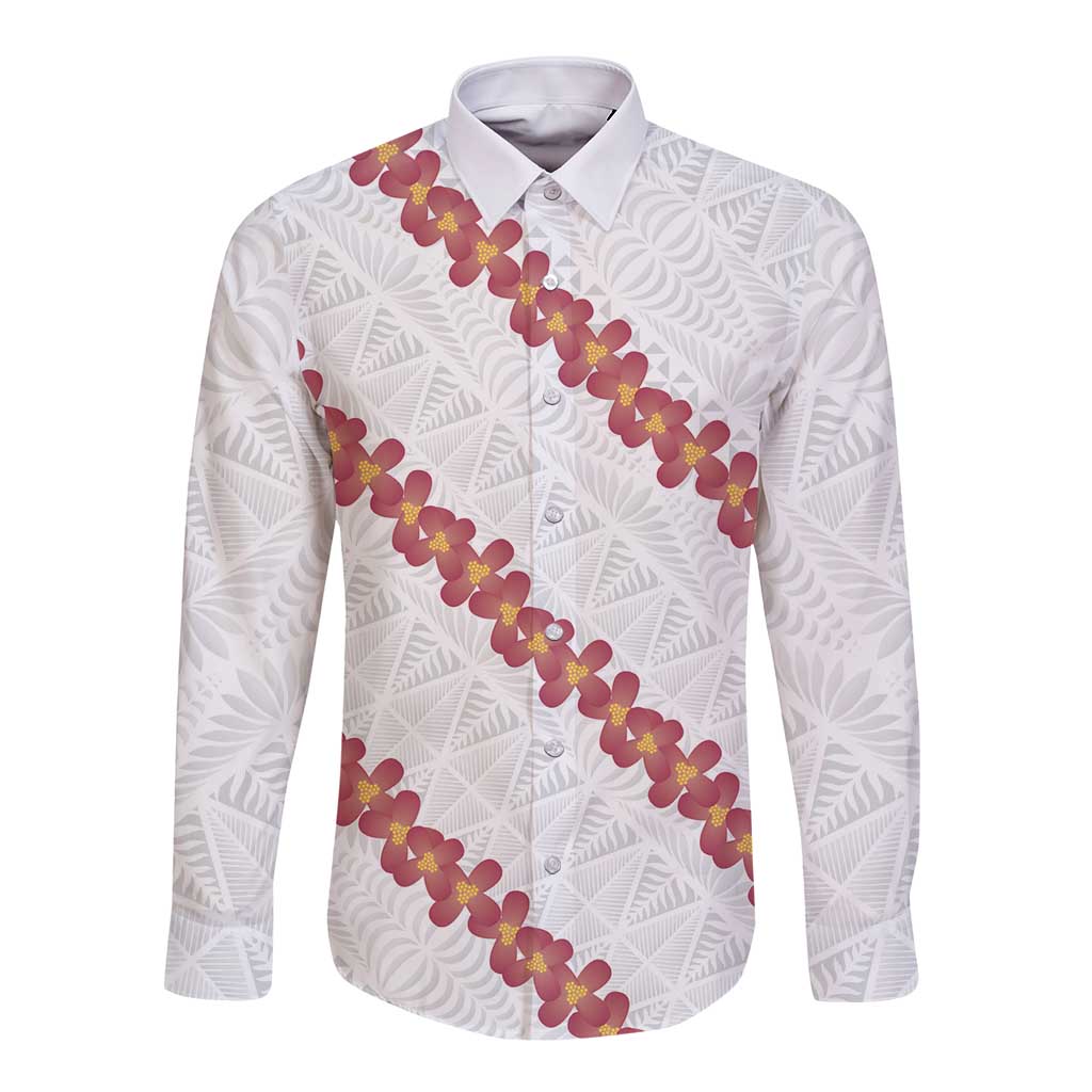 White Sunday Tonga Fakame Long Sleeve Button Shirt Tongan Ngatu Heilala Lei LT14 Unisex White - Polynesian Pride