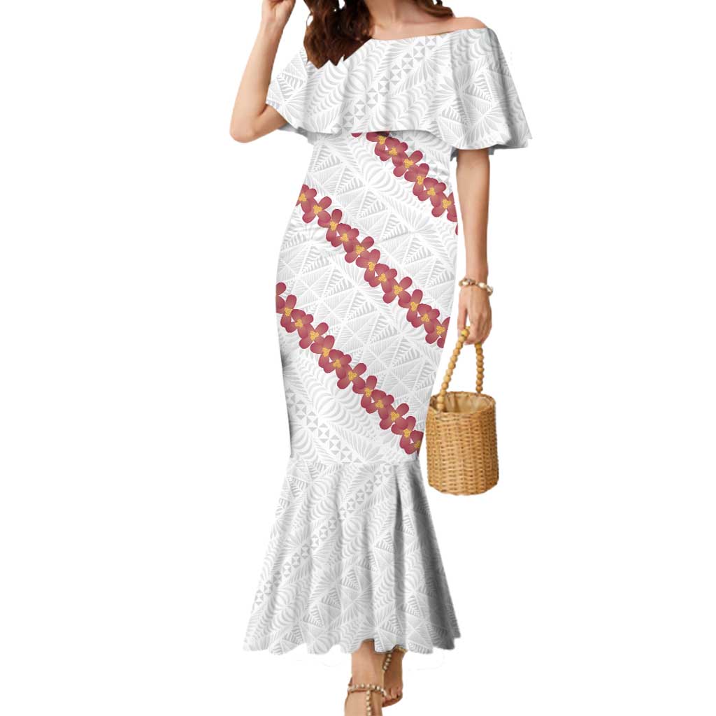 White Sunday Tonga Fakame Mermaid Dress Tongan Ngatu Heilala Lei LT14 Women White - Polynesian Pride
