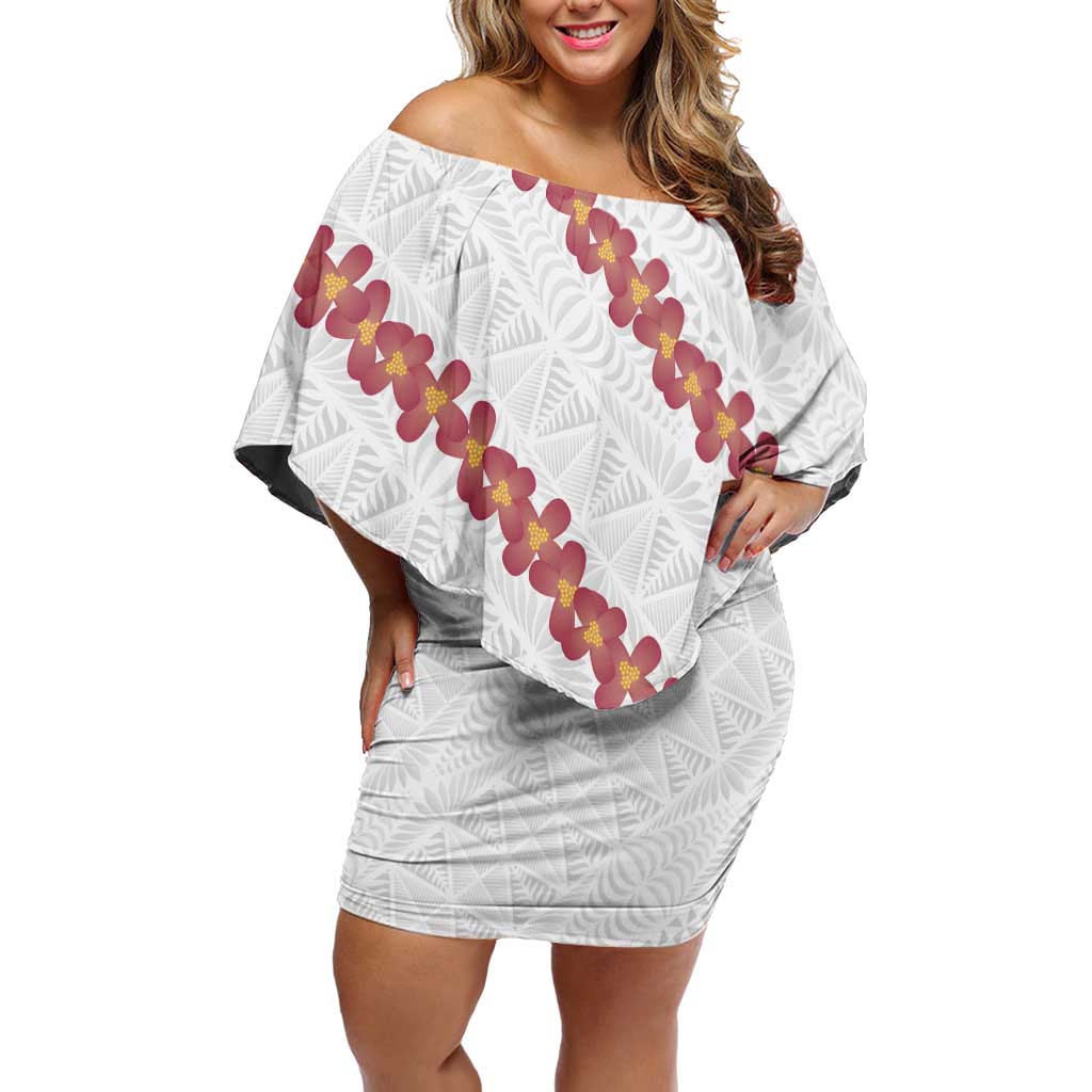 White Sunday Tonga Fakame Off Shoulder Short Dress Tongan Ngatu Heilala Lei LT14 Women White - Polynesian Pride
