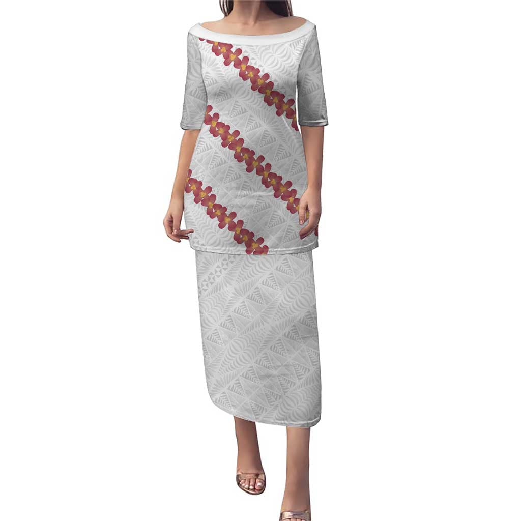 White Sunday Tonga Fakame Puletasi Tongan Ngatu Heilala Lei LT14 Long Dress White - Polynesian Pride