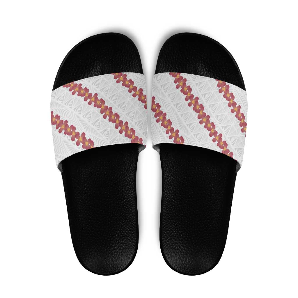 White Sunday Tonga Fakame Slide Sandals Tongan Ngatu Heilala Lei LT14 White - Polynesian Pride
