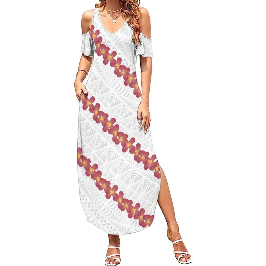 White Sunday Tonga Fakame Summer Maxi Dress Tongan Ngatu Heilala Lei LT14 Women White - Polynesian Pride
