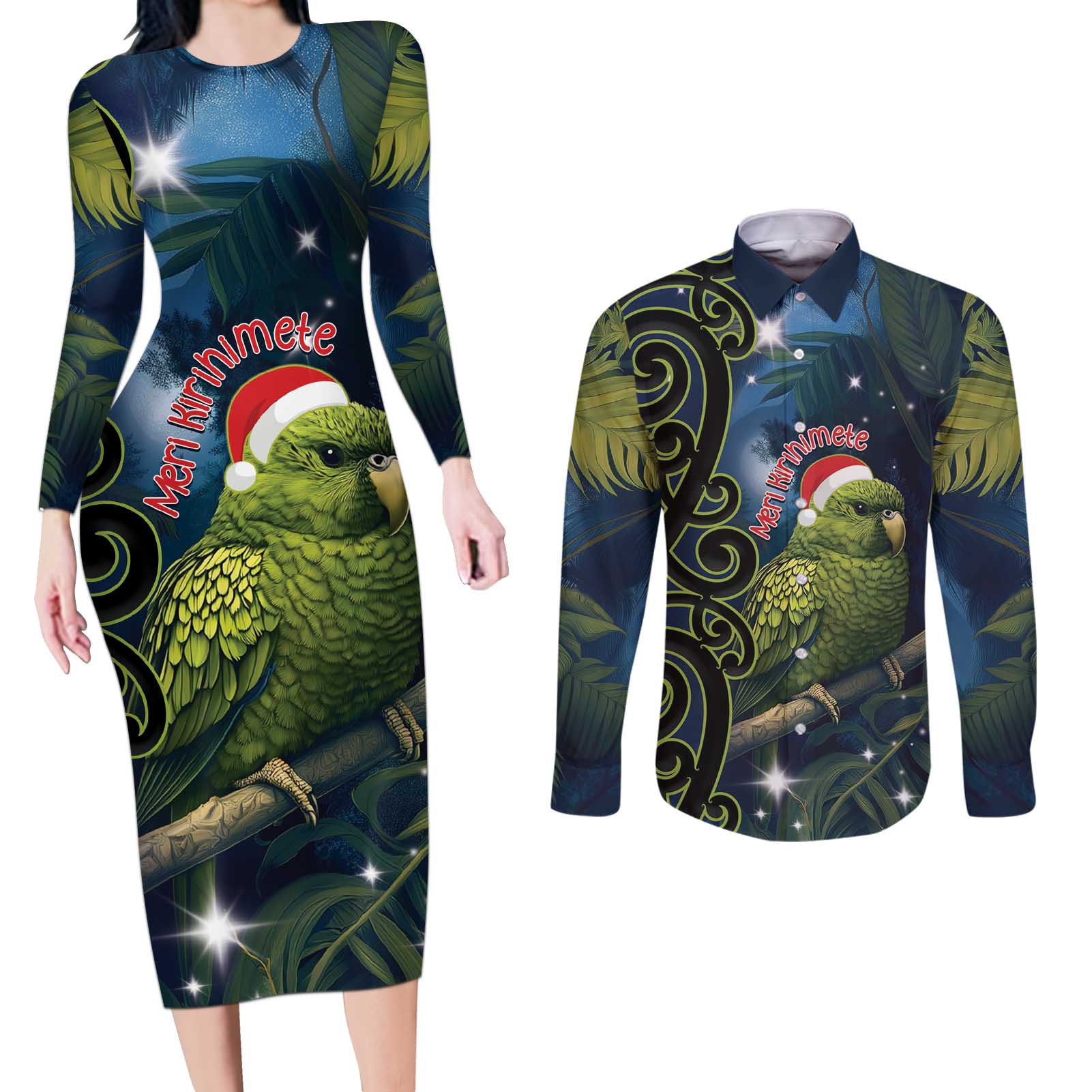 New Zealand Christmas Couples Matching Long Sleeve Bodycon Dress and Long Sleeve Button Shirt Cute Kakapo Meri Kirihimete Maori Koru