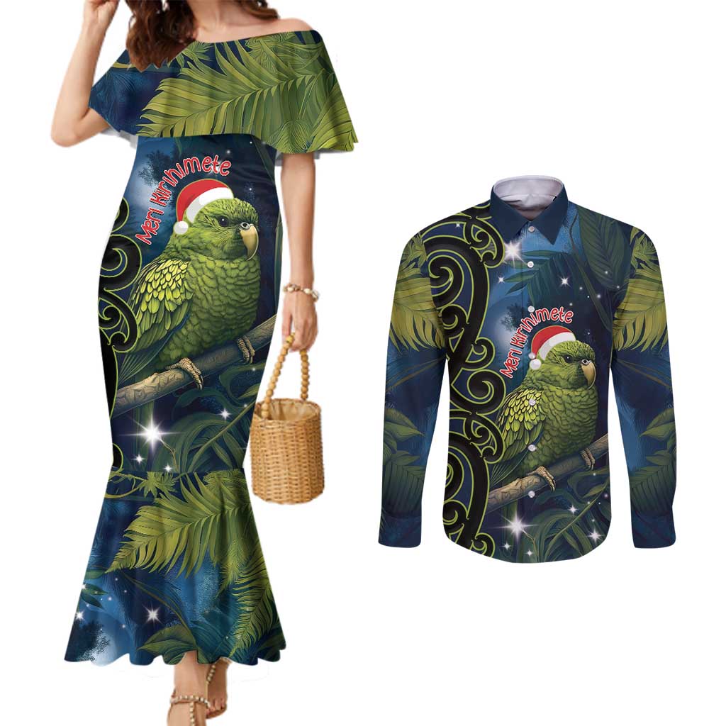 New Zealand Christmas Couples Matching Mermaid Dress and Long Sleeve Button Shirt Cute Kakapo Meri Kirihimete Maori Koru