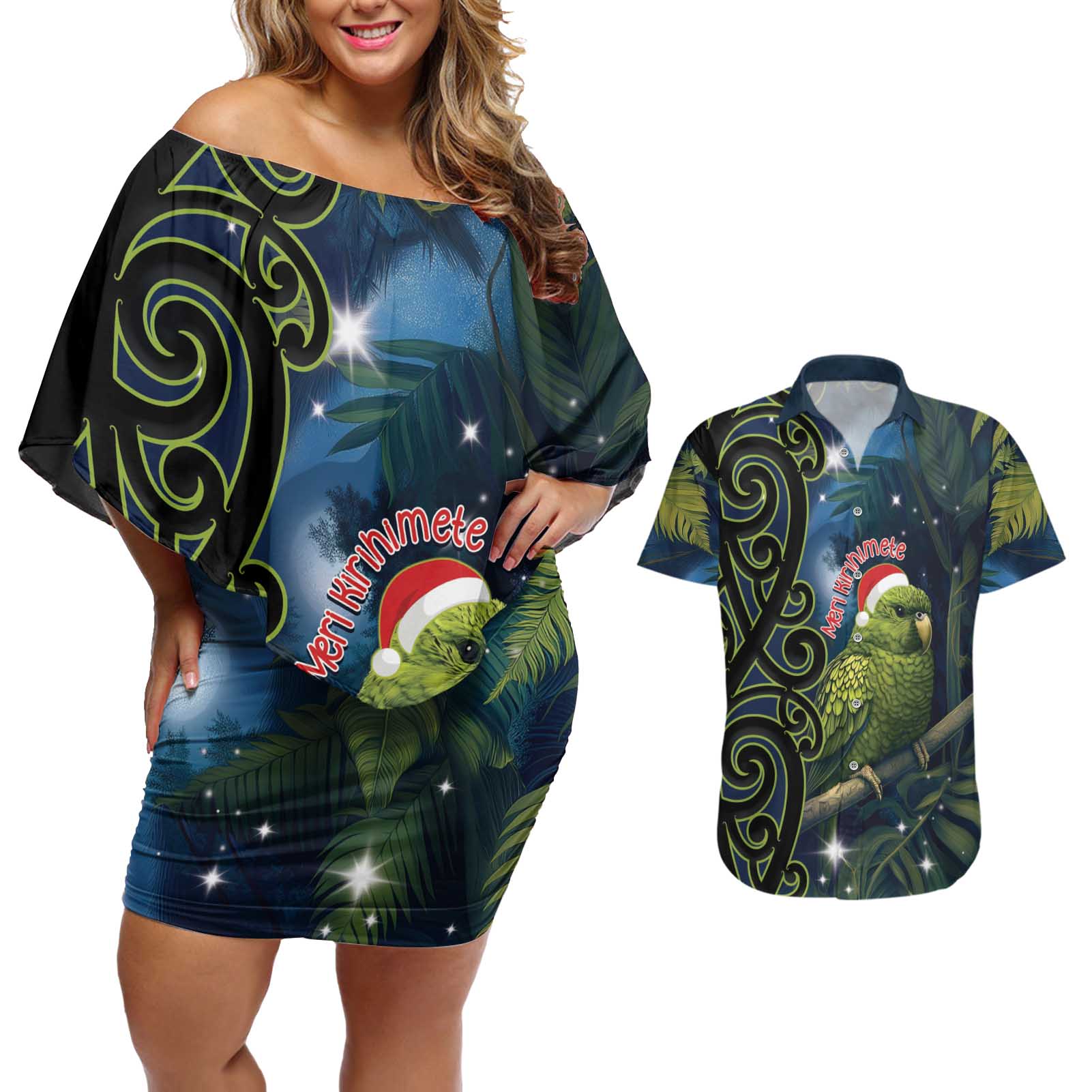 New Zealand Christmas Couples Matching Off Shoulder Short Dress and Hawaiian Shirt Cute Kakapo Meri Kirihimete Maori Koru