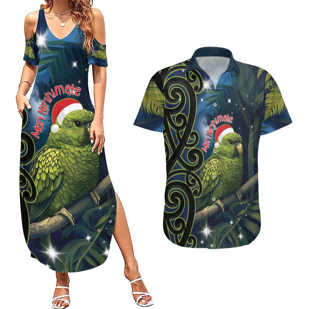 New Zealand Christmas Couples Matching Summer Maxi Dress and Hawaiian Shirt Cute Kakapo Meri Kirihimete Maori Koru