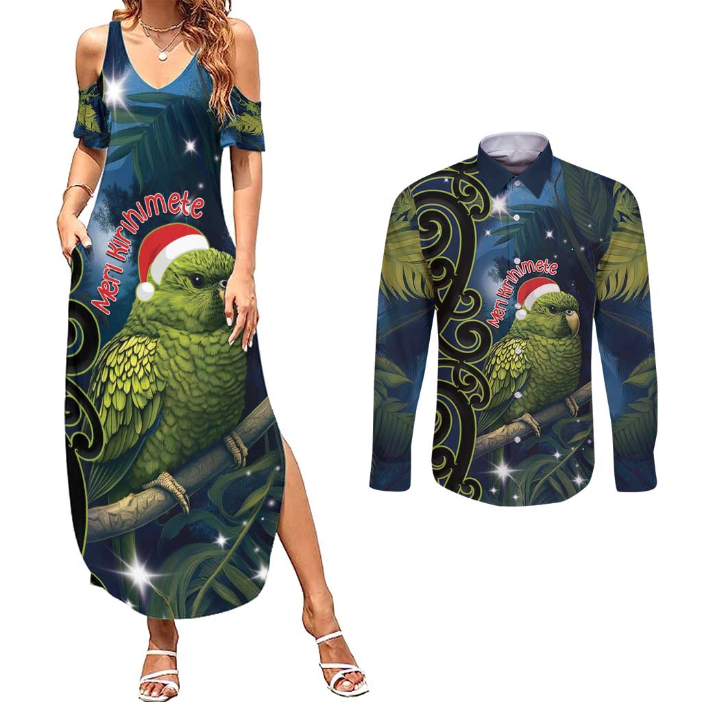 New Zealand Christmas Couples Matching Summer Maxi Dress and Long Sleeve Button Shirt Cute Kakapo Meri Kirihimete Maori Koru