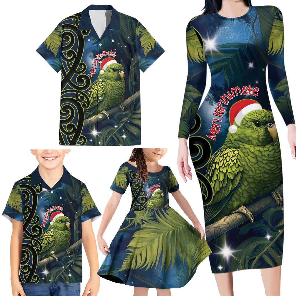 New Zealand Christmas Family Matching Long Sleeve Bodycon Dress and Hawaiian Shirt Cute Kakapo Meri Kirihimete Maori Koru