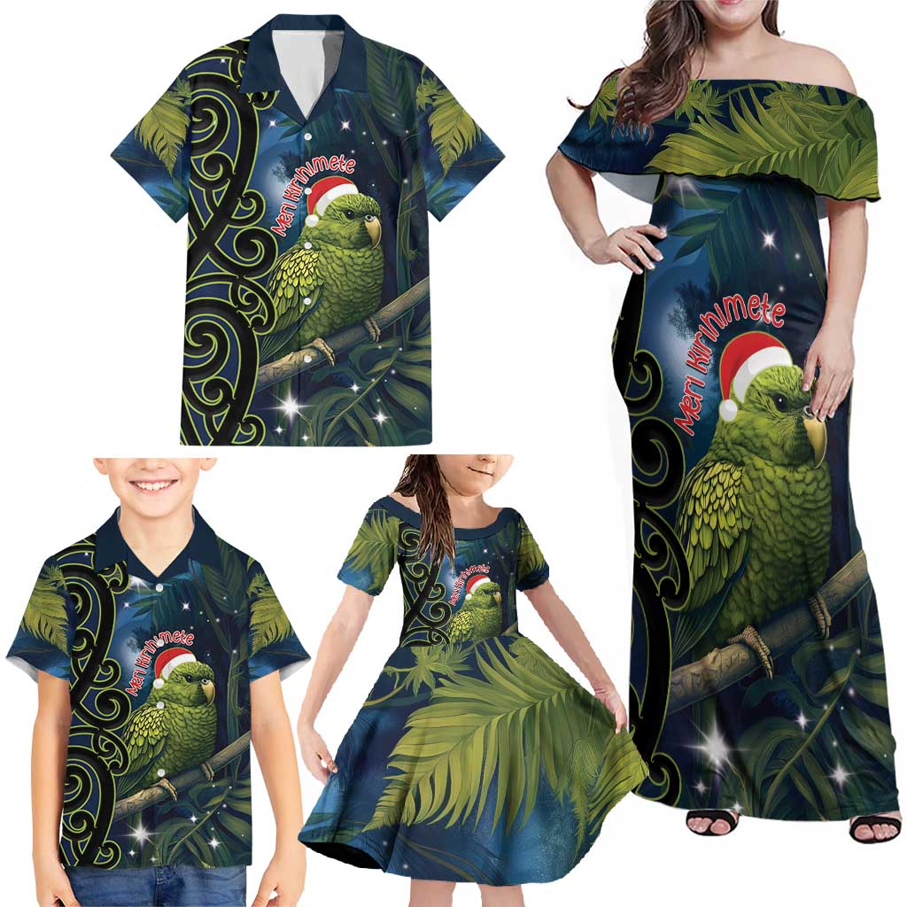 New Zealand Christmas Family Matching Off Shoulder Maxi Dress and Hawaiian Shirt Cute Kakapo Meri Kirihimete Maori Koru