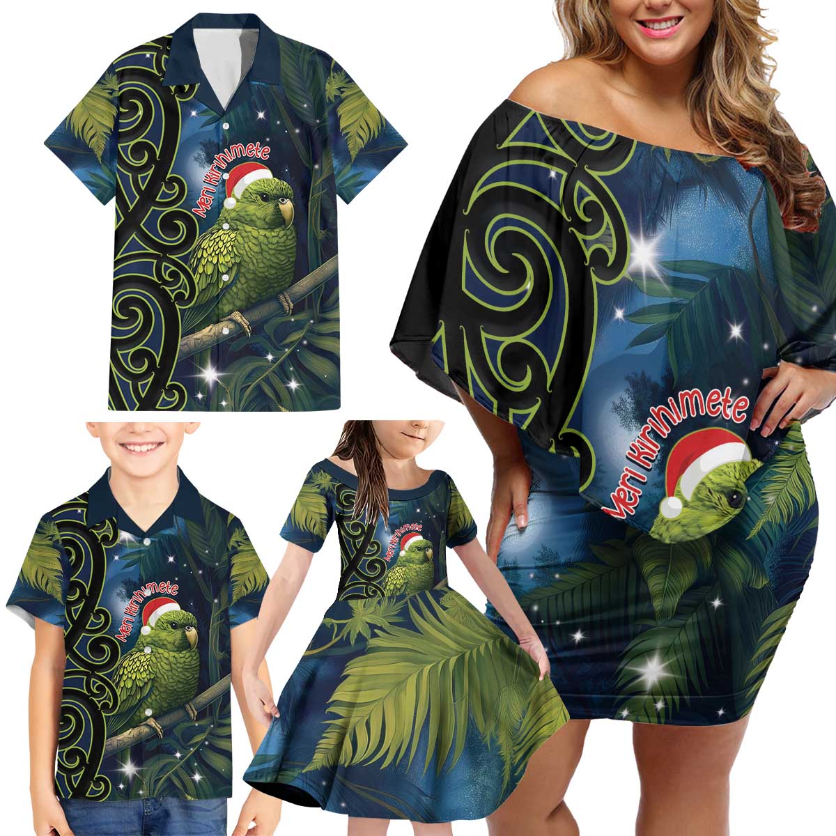 New Zealand Christmas Family Matching Off Shoulder Short Dress and Hawaiian Shirt Cute Kakapo Meri Kirihimete Maori Koru