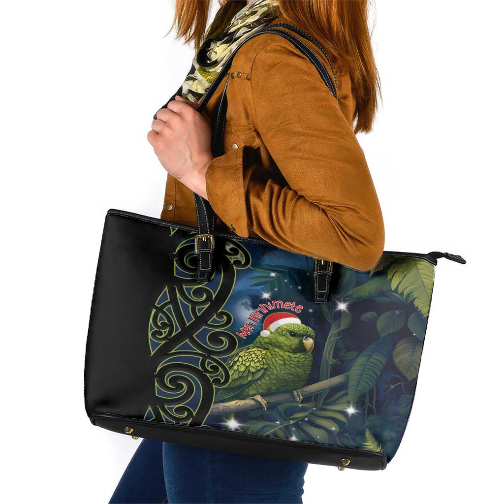 New Zealand Christmas Leather Tote Bag Cute Kakapo Meri Kirihimete Maori Koru