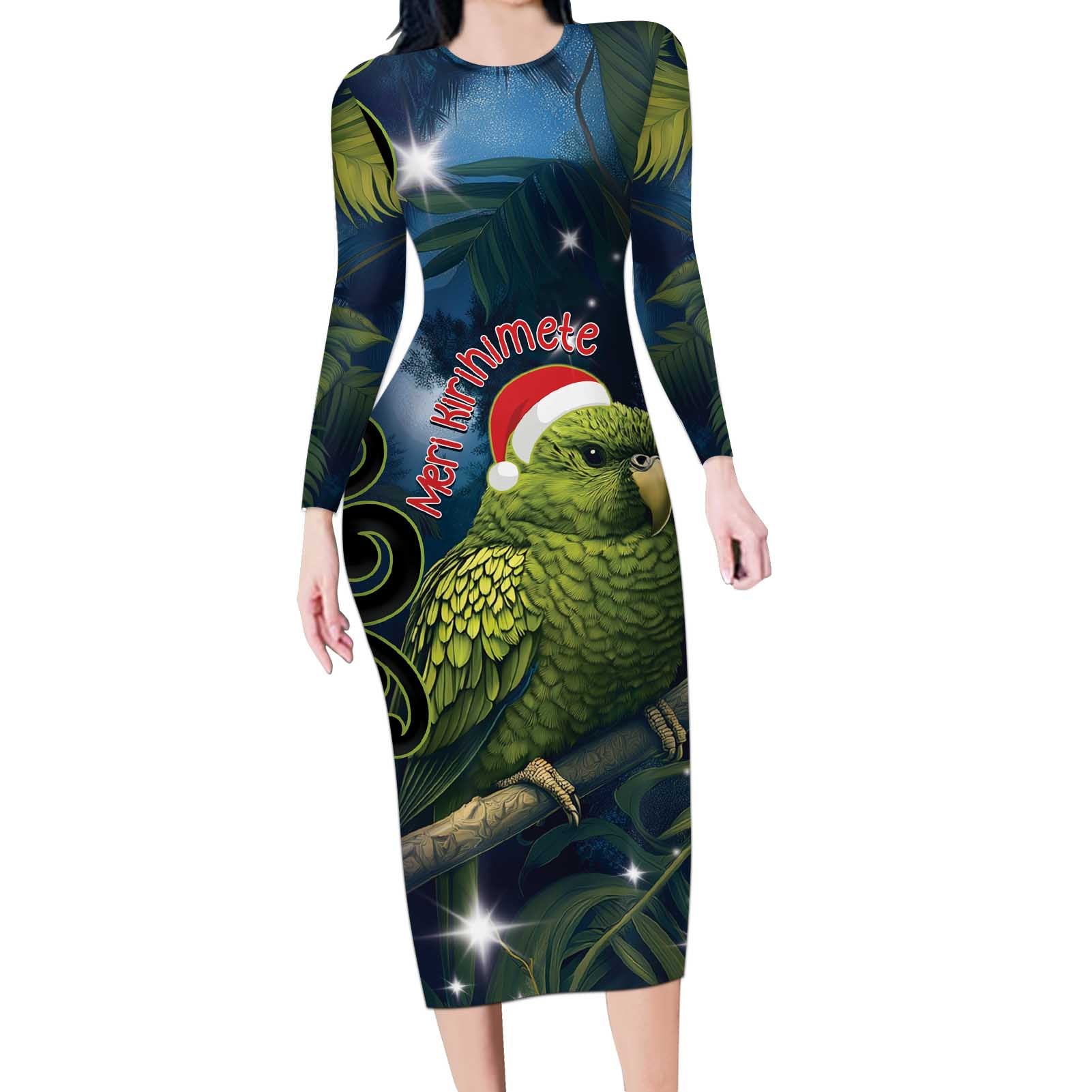 New Zealand Christmas Long Sleeve Bodycon Dress Cute Kakapo Meri Kirihimete Maori Koru