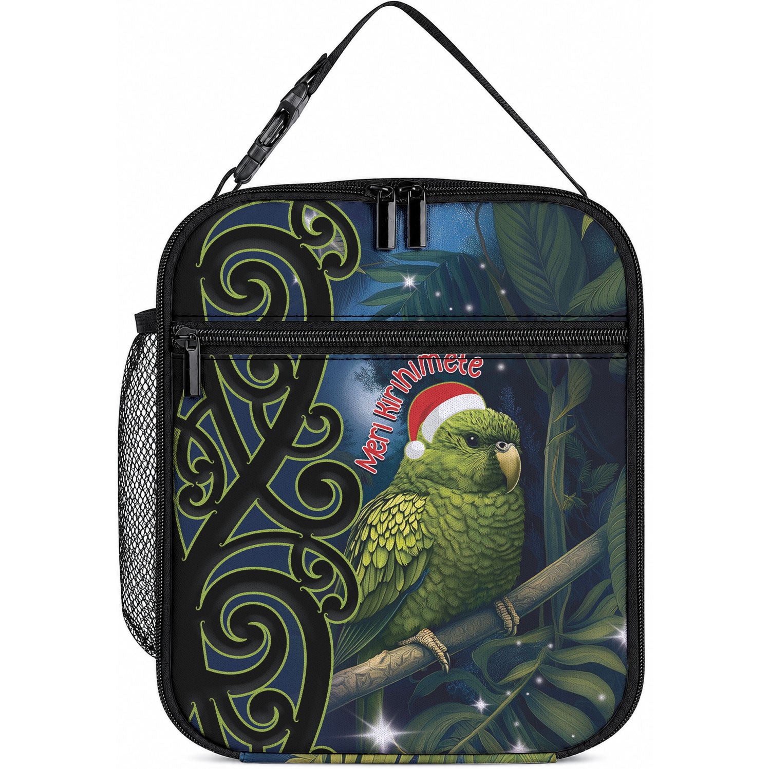 New Zealand Christmas Lunch Bag Cute Kakapo Meri Kirihimete Maori Koru LT14 10.2 × 8.3 × 4.3 inch Blue - Polynesian Pride