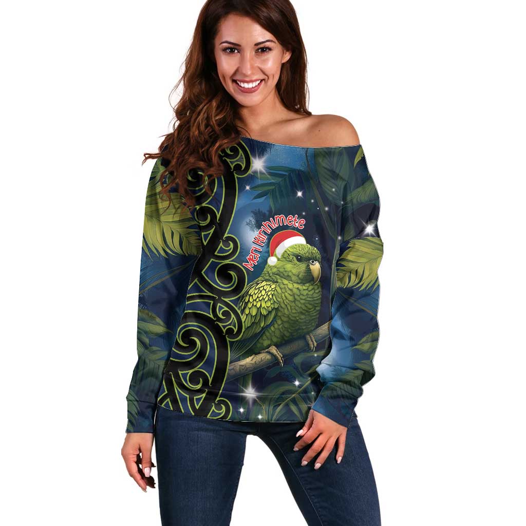New Zealand Christmas Off Shoulder Sweater Cute Kakapo Meri Kirihimete Maori Koru LT14 Women Blue - Polynesian Pride