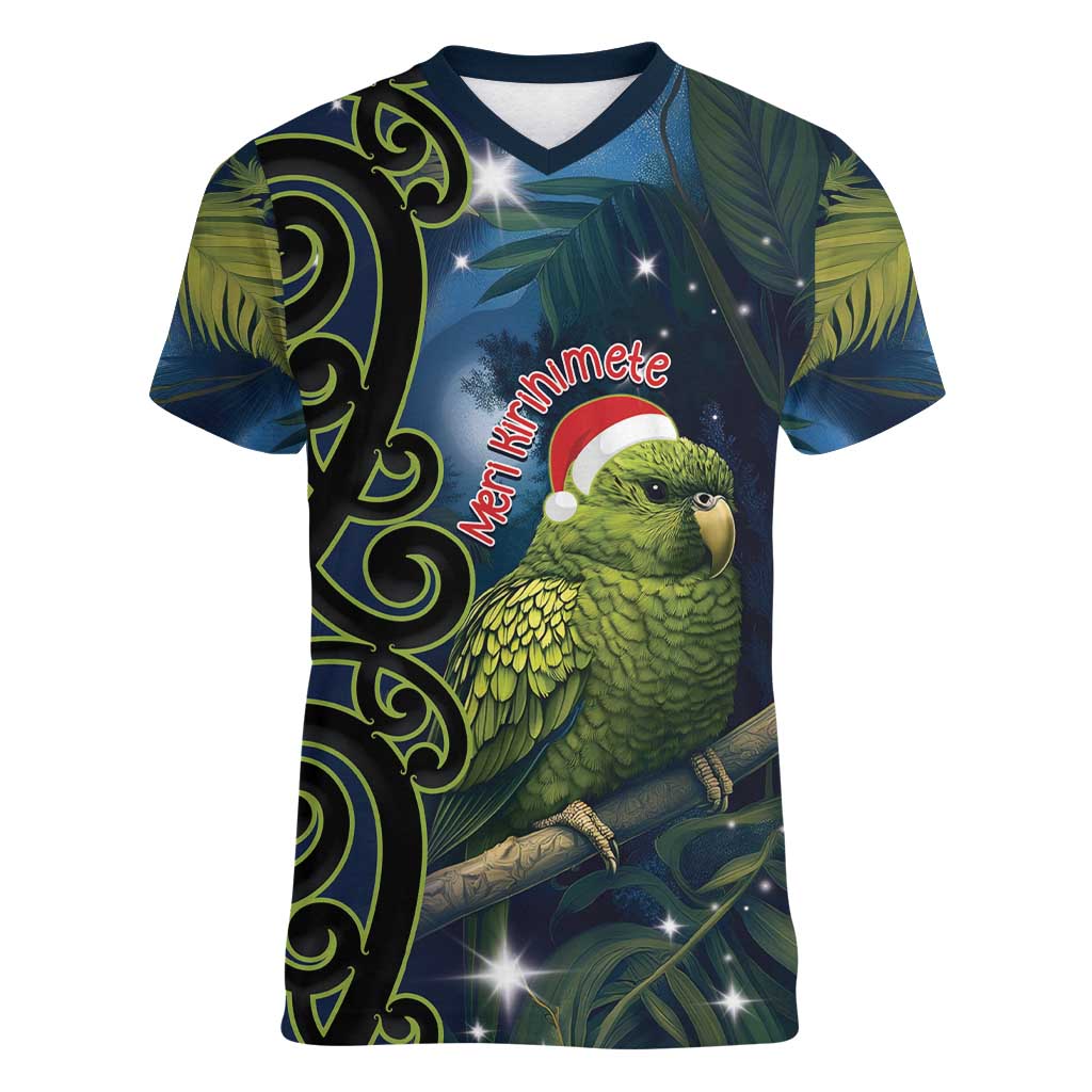 New Zealand Christmas Women V-Neck T-Shirt Cute Kakapo Meri Kirihimete Maori Koru