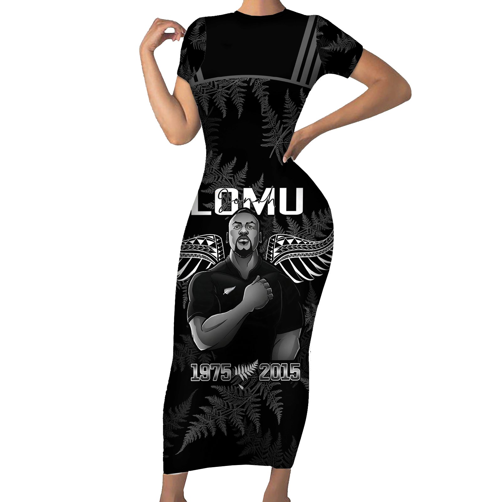 New Zealand Silver Fern Rugby Short Sleeve Bodycon Dress Aotearoa Godfather Proud Gone But Never Forgotten LT14 Long Dress Black - Polynesian Pride