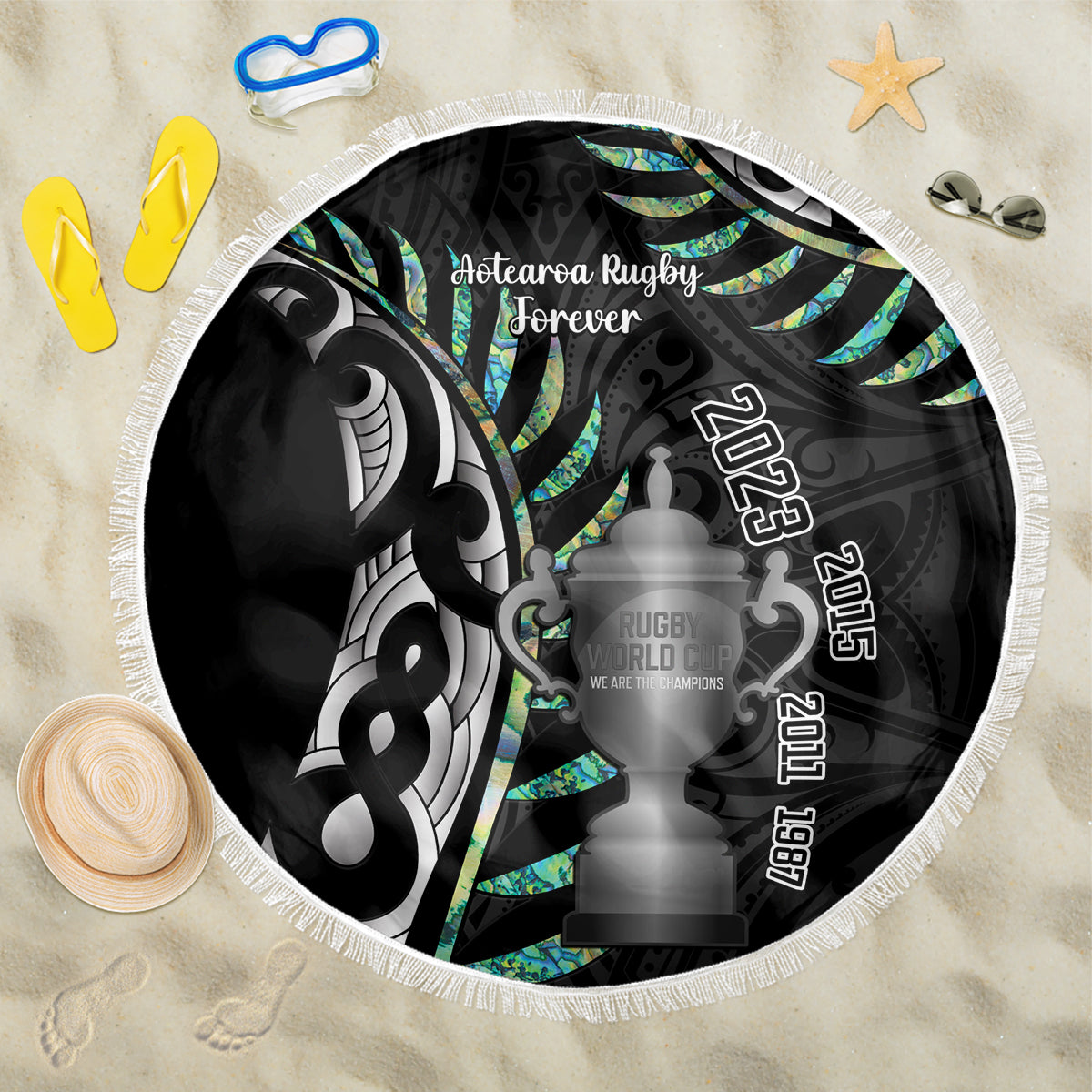 Personalised New Zealand Silver Fern Rugby Beach Blanket Paua Shell With Champions Trophy History NZ Forever LT14 One Size 150cm Black - Wonder Print Shop