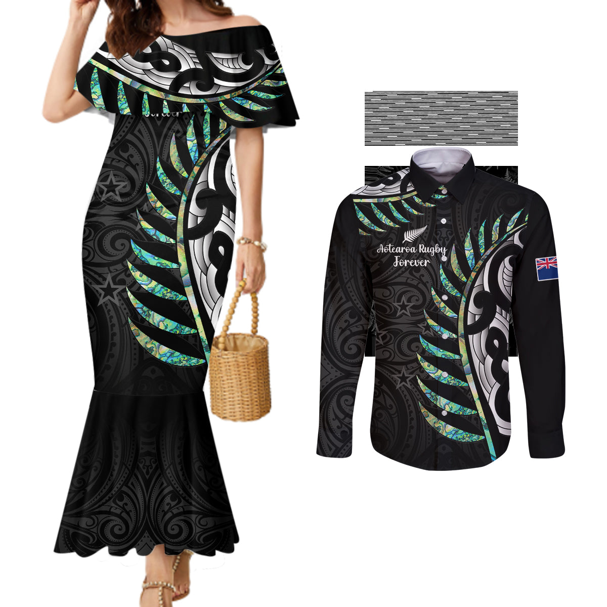 Personalised New Zealand Silver Fern Rugby Couples Matching Mermaid Dress and Long Sleeve Button Shirt Paua Shell With Champions Trophy History NZ Forever LT14 Black - Polynesian Pride