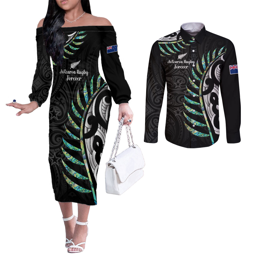 Personalised New Zealand Silver Fern Rugby Couples Matching Off The Shoulder Long Sleeve Dress and Long Sleeve Button Shirt Paua Shell With Champions Trophy History NZ Forever LT14 Black - Polynesian Pride