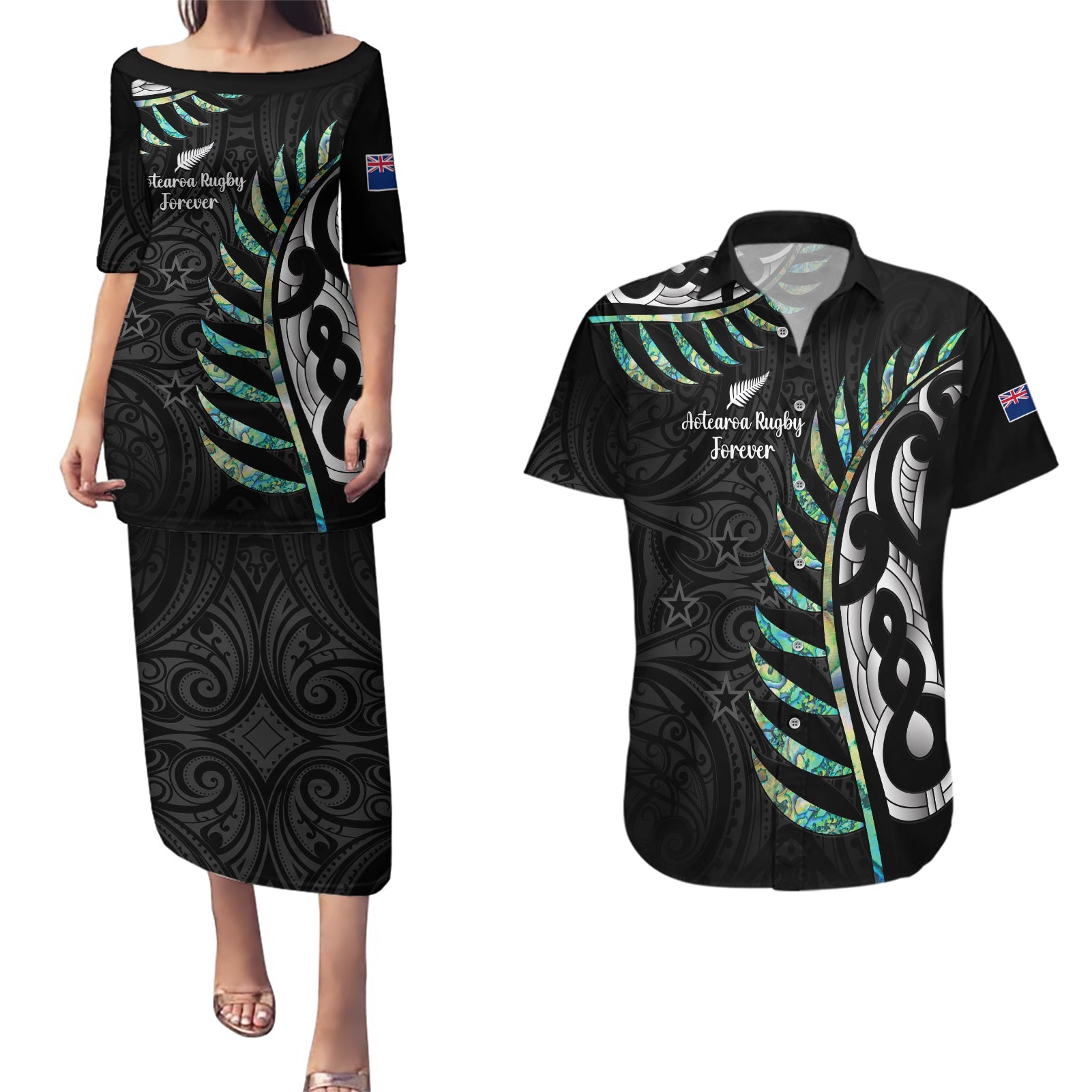 Personalised New Zealand Silver Fern Rugby Couples Matching Puletasi Dress and Hawaiian Shirt Paua Shell With Champions Trophy History NZ Forever LT14 Black - Polynesian Pride