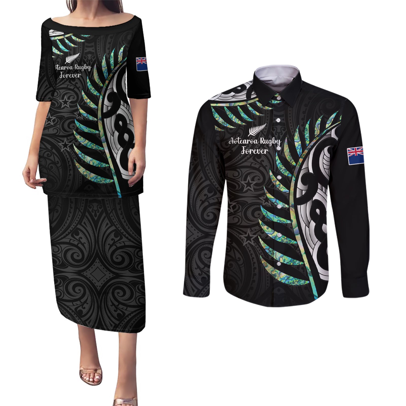 Personalised New Zealand Silver Fern Rugby Couples Matching Puletasi Dress and Long Sleeve Button Shirt Paua Shell With Champions Trophy History NZ Forever LT14 Black - Polynesian Pride