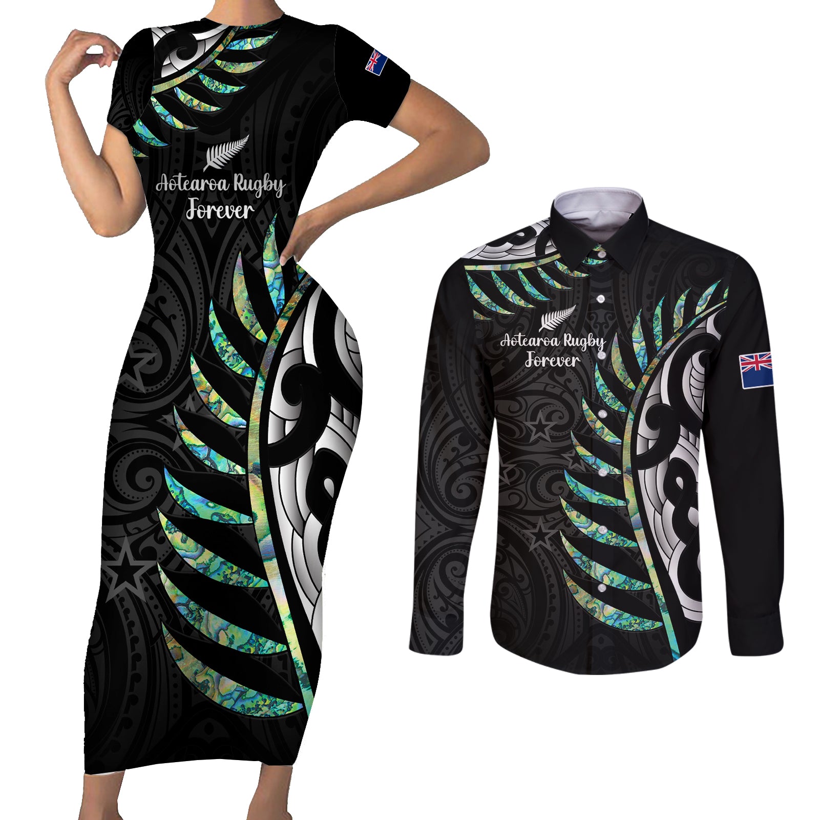 Personalised New Zealand Silver Fern Rugby Couples Matching Short Sleeve Bodycon Dress and Long Sleeve Button Shirt Paua Shell With Champions Trophy History NZ Forever LT14 Black - Polynesian Pride