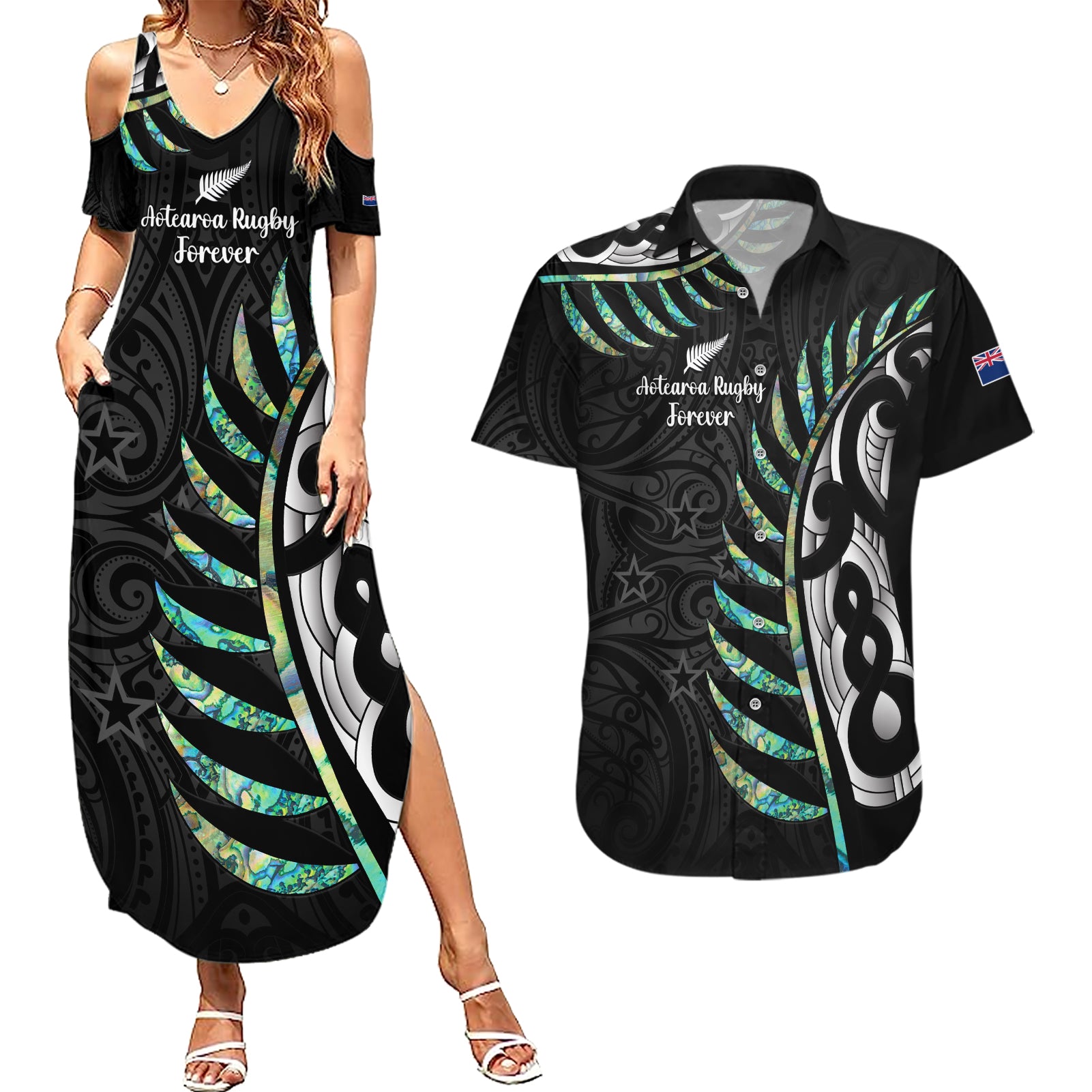 Personalised New Zealand Silver Fern Rugby Couples Matching Summer Maxi Dress and Hawaiian Shirt Paua Shell With Champions Trophy History NZ Forever LT14 Black - Polynesian Pride